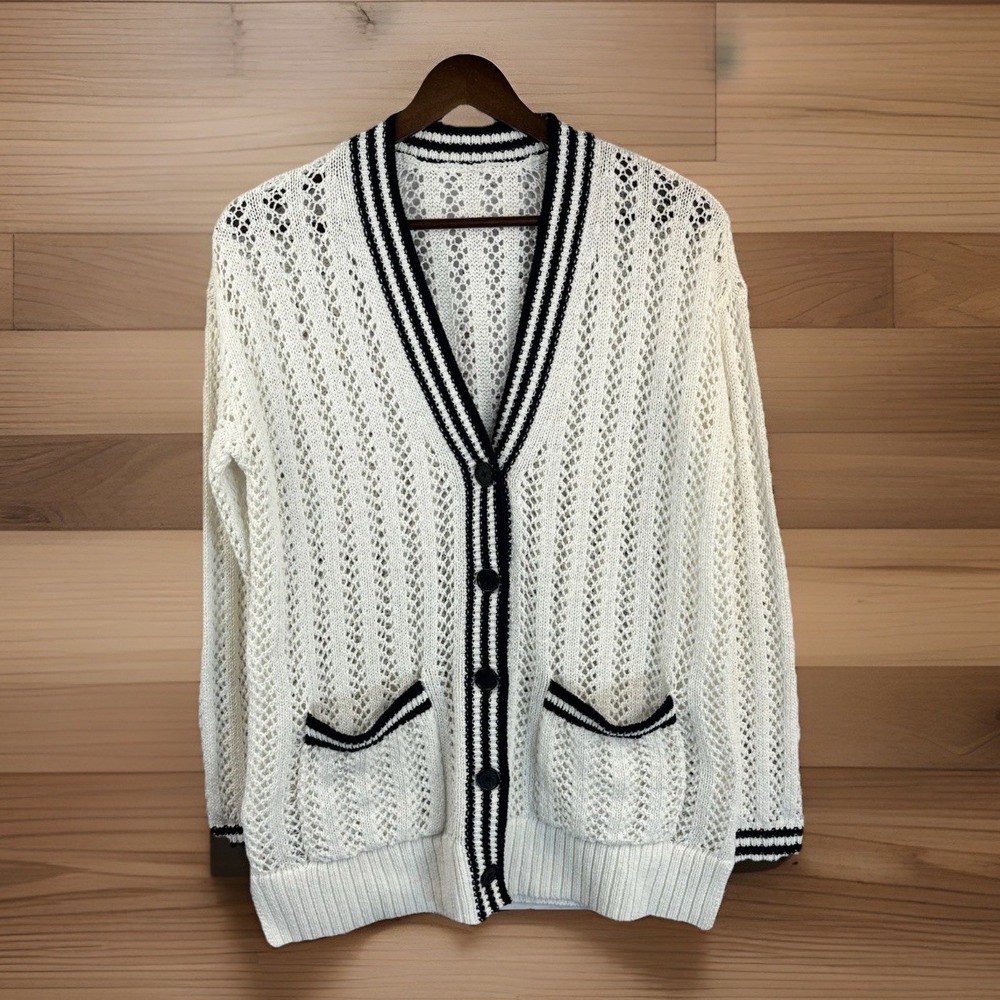 Preppy Tennis Cardigan L Loose Knit Sweater Pockets White Black V-Neck Pointelle